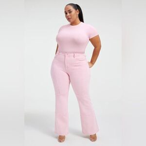 good american good legs flare sculpting jeans in mineral rose quartz pink
